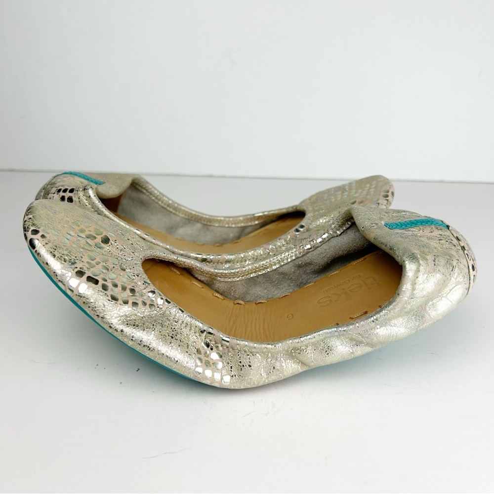 Tieks Romantic Blush Leather Ballet Flats Rose Gold Snakeskin Shiny Metallic 6